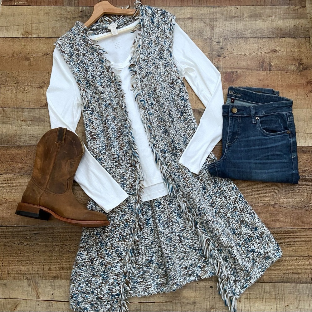 Fringe Knit Open Vest, Blues, Brown + Creamy White